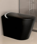 Slick Black Smart Toilet With Built In Bidet And Heated Seat Offering Pre Wet Rinse And Adjustable Warm Water Streams For A Legit Top Shelf Fresh Setup Straight Up, side view.