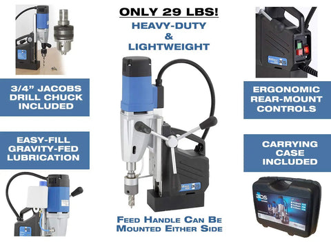 Portable Dual Gear Magnetic Drill Press 110V Made In Germany With 2 Inch Hole Capacity and accessories shown