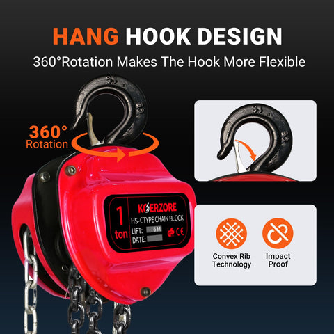 Hang hook design on Beefed Up 1 Ton Hand Chain Hoist With 20 Ft Lift, 2200 Lb Capacity, Come Along Winch With G80 Chain And Dual Hooks