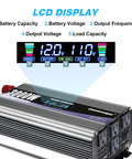 Heavy Duty 3000 Watt Power Inverter Converts 12V Dc To 120V Ac Featuring LCD display showing battery capacity and output voltage.