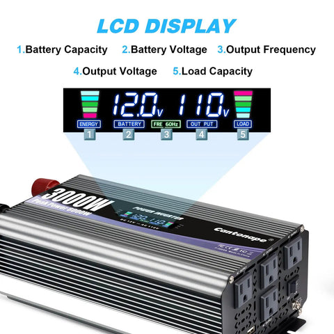 Heavy Duty 3000 Watt Power Inverter Converts 12V Dc To 120V Ac Featuring LCD display showing battery capacity and output voltage.