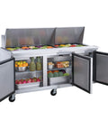 Heavy Duty Commercial Workhorse Food Prep Table Refrigerator With Three Door Stainless Steel Mega Top Etl 17 Cubic Feet with fresh vegetables and fruits.