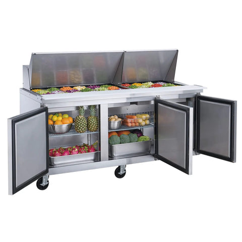 Heavy Duty Commercial Workhorse Food Prep Table Refrigerator With Three Door Stainless Steel Mega Top Etl 17 Cubic Feet with fresh vegetables and fruits.