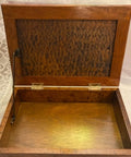 Wooden box with 2 Pack Left Side Lid Support Hinges Fold Up Stay Hinges for jewelry, 4.25 inch by 0.43 inch, zinc alloy visible.