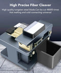 Pro Optical Fiber Cleaver Machine with Tungsten Steel Blade For Precision 90 Degree Cuts Bare Fiber And Leather Cable auto return clamp side view with waste bin