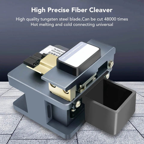 Pro Optical Fiber Cleaver Machine with Tungsten Steel Blade For Precision 90 Degree Cuts Bare Fiber And Leather Cable auto return clamp side view with waste bin