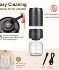 Portable Electric Burr Coffee Grinder Built To Last With Slick Steel Burrs Rechargeable 1800 MAH Battery Drops In Forty Settings Straight Fire Grinds For Espresso Cold Brew Or Just A Daily Hit, showing cleaning brush and parts.