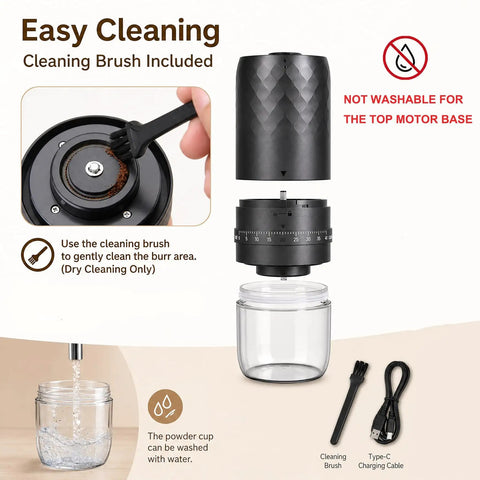 Portable Electric Burr Coffee Grinder Built To Last With Slick Steel Burrs Rechargeable 1800 MAH Battery Drops In Forty Settings Straight Fire Grinds For Espresso Cold Brew Or Just A Daily Hit, showing cleaning brush and parts.