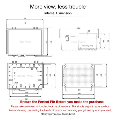 Technical drawing dimensions for Weatherproof Outdoor Electrical Box With IP66 Rating Large 16.4 By 12.4 By 7.1 Inch Junction Box