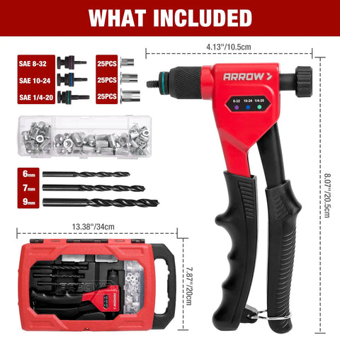 8 Inch Rivet Nut Gun Kit For Tight Spaces With 3 Mandrels 8-32 10-24 1/4-20 And 3 Drill Bits 75 Rivnuts In Sturdy Case