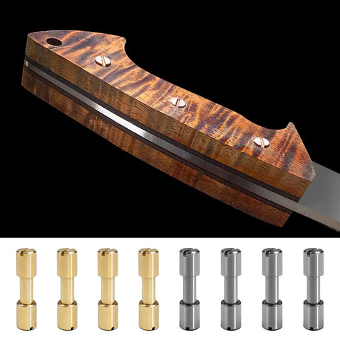 Sixteen Sets Brass And Stainless Steel Bracket Bolt Fasteners For Knife Making Include Screws And Studs Knife Handle Pins Rivets And Tactical Lock Hardware 6 mm Head Diameter The Go To DIY Knifemaking Kit with wood knife handle.