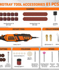 Front view of HARDELL Rotary Tool Kit, orange 180W corded tool with 61 accessories for sanding, polishing, cutting