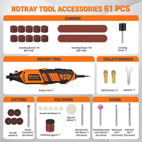Front view of HARDELL Rotary Tool Kit, orange 180W corded tool with 61 accessories for sanding, polishing, cutting
