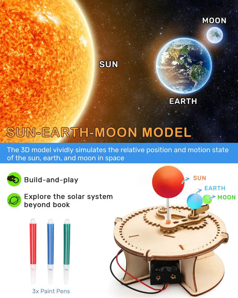 Sun-Earth-Moon model from the 5 In 1 STEM Kit For Kids Ages 8 12 13 Hands On Wooden Building Toys With 3D Puzzles Circuit Experiments Elevator Telegraph Newton Cradle Hydraulic Excavator Sun Earth Moon Model Awesome Gift For Boys And Girls.