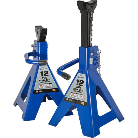Double Locking 12 Ton Jack Stands Pair With 24,000 Pound Capacity, blue heavy-duty cast iron with large saddle surface