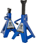 Double Locking 12 Ton Jack Stands Pair With 24,000 Pound Capacity Built Tough Heavy Duty Cast Iron Ratchet Drive Large Saddle Surface For Safe Precise Load Support ASME PASE Compliant in blue