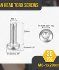 Rock Solid M6 X 20mm Pan Head T30 Torx Security Machine Screws 316 Stainless Steel dimensions illustration.