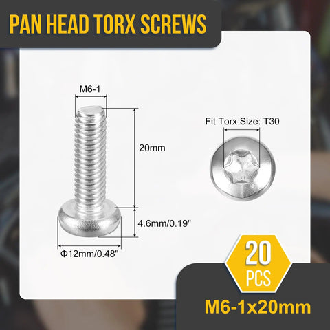 Rock Solid M6 X 20mm Pan Head T30 Torx Security Machine Screws 316 Stainless Steel dimensions illustration.
