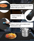 Stovetop Protector Mat For Glass And Ceramic Cooktops, Heat Resistant Silicone Thick Induction Cover, 28.5 By 20.5 Inches shown with features and food.