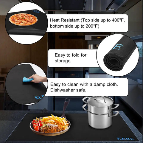 Stovetop Protector Mat For Glass And Ceramic Cooktops, Heat Resistant Silicone Thick Induction Cover, 28.5 By 20.5 Inches shown with features and food.