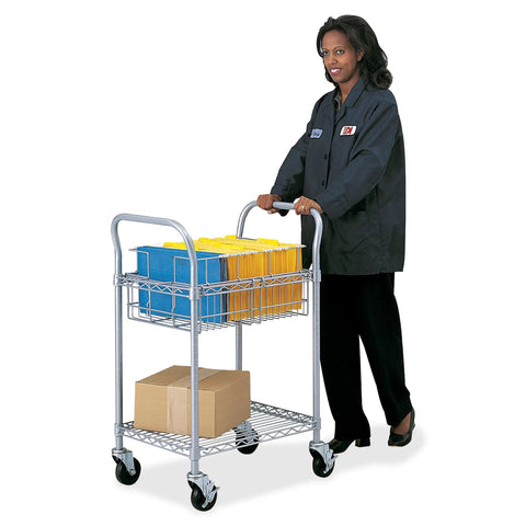 Beat The Paper Stack With This Heavy Duty Mobile Mail Cart, Smooth Rolling Locking Wheels, Chrome Wire Basket, Bottom Shelf, Holds 75 Legal Folders, Gray with person pushing cart filled with folders.