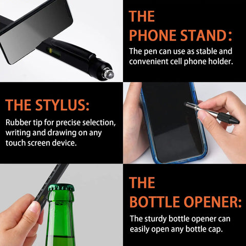 2 Pack 9 In 1 Multi Tool Pen Set for Men showing phone stand, stylus, and bottle opener features.
