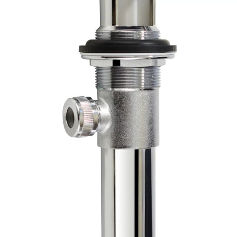 Heavy Duty Bathroom Sink Drain Stopper Assembly With Lift Rod And Overflow In Chrome Finish Fits Standard One And A Half Inch Or One And Three Quarter Inch Drains For Easy Install And No Fuss Water Flow, side view