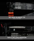 Pro Grade 16 Gauge Finish Nailer Gun Featuring One To Two And Half Inch Capacity And Lightning Fast Ninety Shots Per Minute showing no-mar rubber tip and nails reload window.