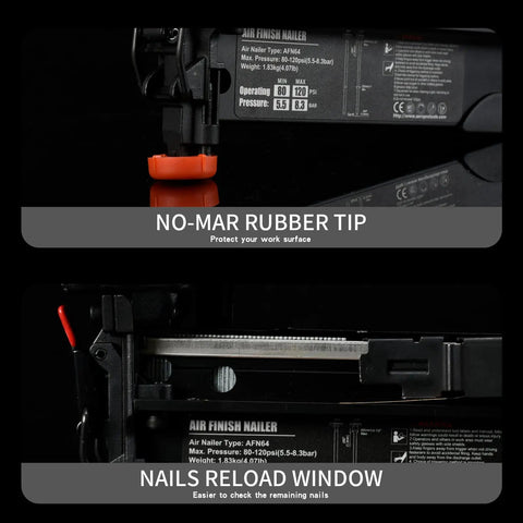 Pro Grade 16 Gauge Finish Nailer Gun Featuring One To Two And Half Inch Capacity And Lightning Fast Ninety Shots Per Minute showing no-mar rubber tip and nails reload window.