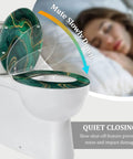 Elongated Resin Toilet Seat Cover for Bathroom with green marble design, measures 14.5" x 18.5", features quiet closing.