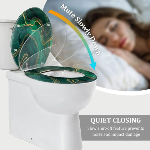 Elongated Resin Toilet Seat Cover for Bathroom with green marble design, measures 14.5" x 18.5", features quiet closing.