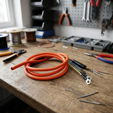 Upgrade Your Ride With Heavy Duty E Bike Motor Extension Cable Featuring Premium Pure Copper Core And High Conductivity For 1000W Systems Designed To Handle Massive Loads Without Voltage Drop While Staying Super Durable And Weatherproof In Any Climate. orange e-bike motor extension cable with copper core and ring terminals on workbench