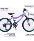 Girls 20 Inch Mountain Bike With Front Suspension For Ages 6 To 14 6 Speed Kids Bicycle Adjustable Seat Height High Carbon Steel Frame Reliable Braking Purple Adventure Ready Ride assembly diagram.