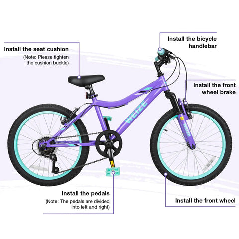 Girls 20 Inch Mountain Bike With Front Suspension For Ages 6 To 14 6 Speed Kids Bicycle Adjustable Seat Height High Carbon Steel Frame Reliable Braking Purple Adventure Ready Ride assembly diagram.