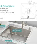 Diagram and dimensions of 20 Inch Drop-In Kitchen Sink, Heavy Duty Stainless Steel T304, Single Bowl, 9 Inch Deep, Topmount