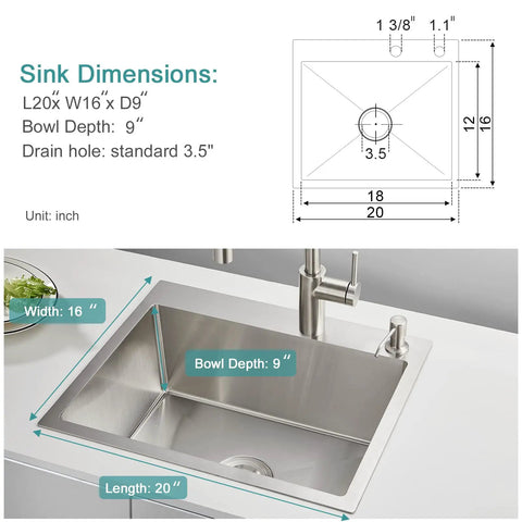 Diagram and dimensions of 20 Inch Drop-In Kitchen Sink, Heavy Duty Stainless Steel T304, Single Bowl, 9 Inch Deep, Topmount