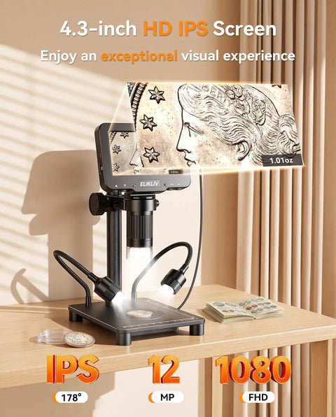 Coin Microscope With Built In 0.1g Weighing Scale Up To 300g 12MP Camera 4.3 Inch LCD Display 1080P Video Digital Magnifier For Error Coins Jewelry Inspection With LED Lights USB PC View For Collectors on desk with coin under lens