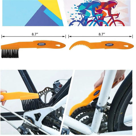 All-In-One 9-Piece Bike Cleaning Kit with sprocket brush and scraper on a bicycle chain and sprocket, showing use.