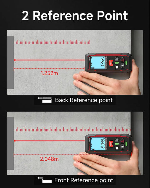 230ft Laser Distance Meter 1/16 Inch Accuracy Digital Laser Measuring Tool with Backlit LCD 8 Measurement Modes 30 Data Storage showing front and back reference points