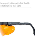 Side view of Blue Light Blocking Computer Glasses With SCT Orange Lens, black frame, wraparound design, side shields for laptops