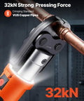 Close-up of VEVOR 18V Electric Pipe Press Tool with 32kN pressing force crimping copper pipes using VUS standard.
