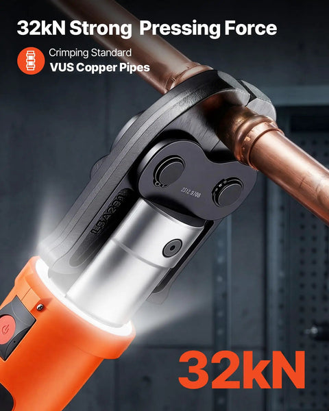 Close-up of VEVOR 18V Electric Pipe Press Tool with 32kN pressing force crimping copper pipes using VUS standard.