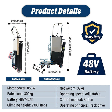 Top Notch Electric Stair Climber Hand Truck With 300kg Capacity And Powerful 850W Motor dimensions and specifications overview.