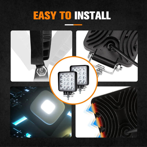Detailed view of 10 Pack 4 Inch LED Light Pods 5600 Lumen IP67 Off Road Work Lights with mounting bracket and light beam.