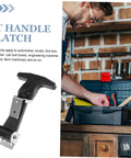 Stainless Steel Flexible T Handle Latch with rubber grip shown next to mechanic using toolbox, for tool boxes and automotive use
