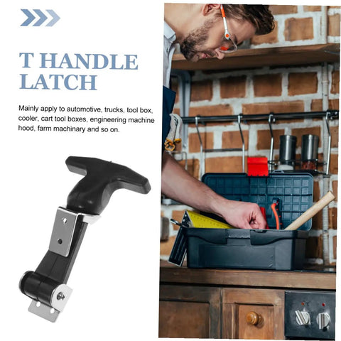 Stainless Steel Flexible T Handle Latch with rubber grip shown next to mechanic using toolbox, for tool boxes and automotive use