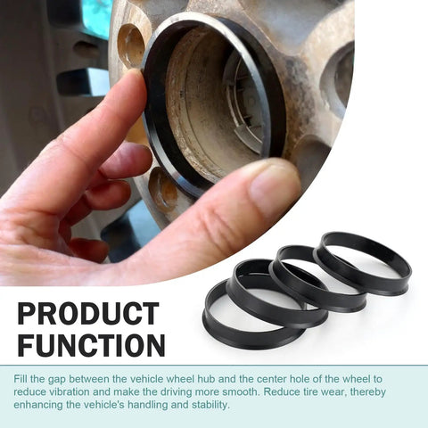 Four Pack Car Wheel Hub Center Rings 73.1 By 60.1 Reduction Adapter shown reducing wheel hub gap for smooth driving.