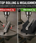 Heavy Duty Abs V Block Jig Fixture For Dead On Center Drilling And Precision Milling Projects Up To Two Point Five Inches, showing stable support for cylindrical parts.