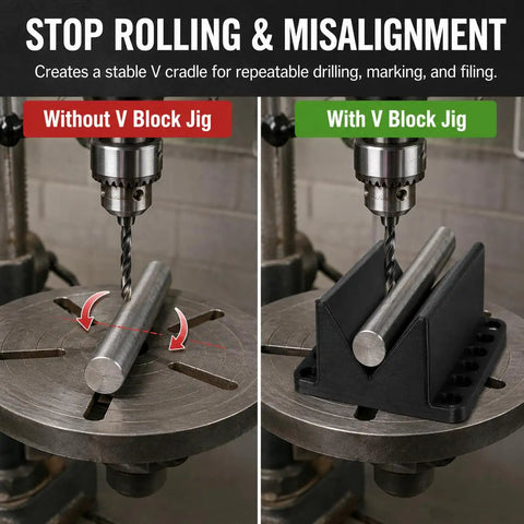 Heavy Duty Abs V Block Jig Fixture For Dead On Center Drilling And Precision Milling Projects Up To Two Point Five Inches, showing stable support for cylindrical parts.
