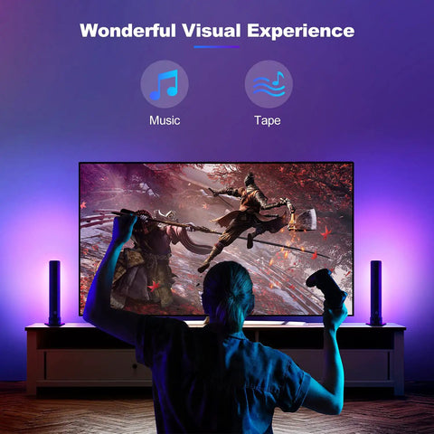 Flow Light Bar RGB Smart LED Lamp With Music Sync illuminating a TV during gaming session, enhancing ambient mood backlight.